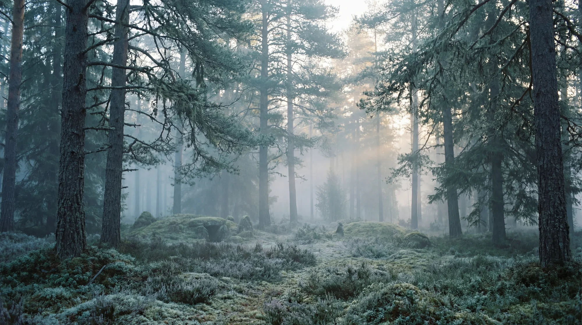 Dimmig skog i morgonljus