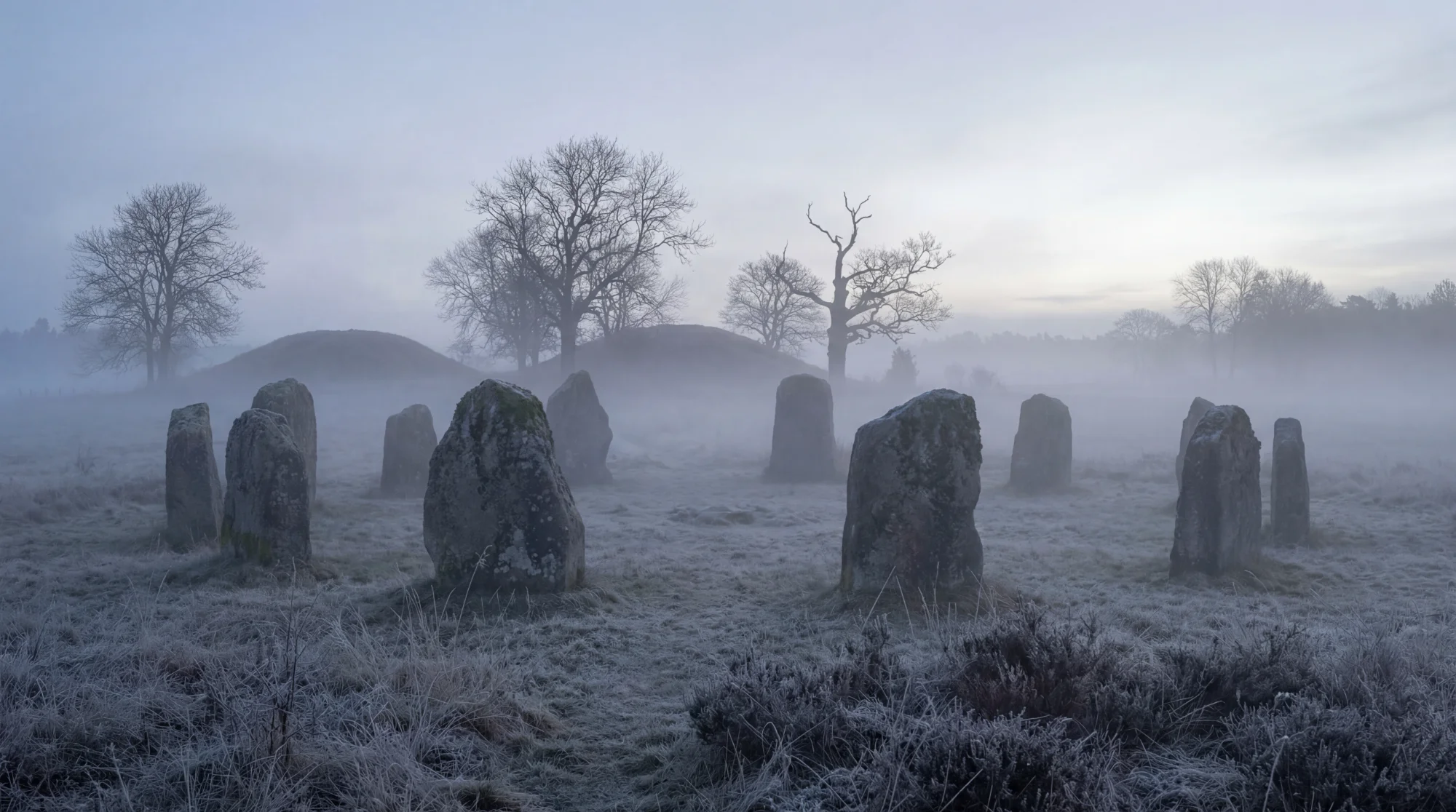 Forntida stencirkel i dimmigt landskap