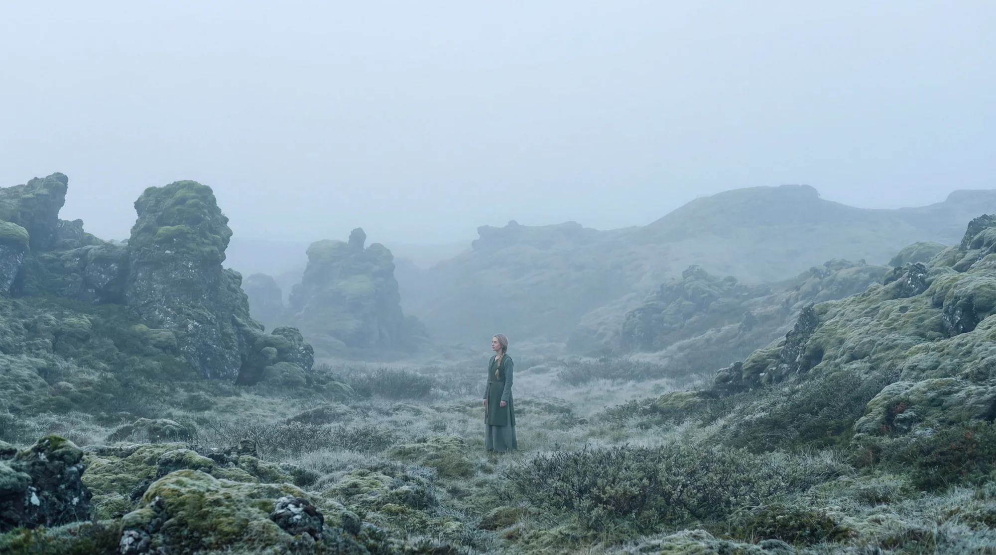 Ensam vandrare i dimmigt landskap