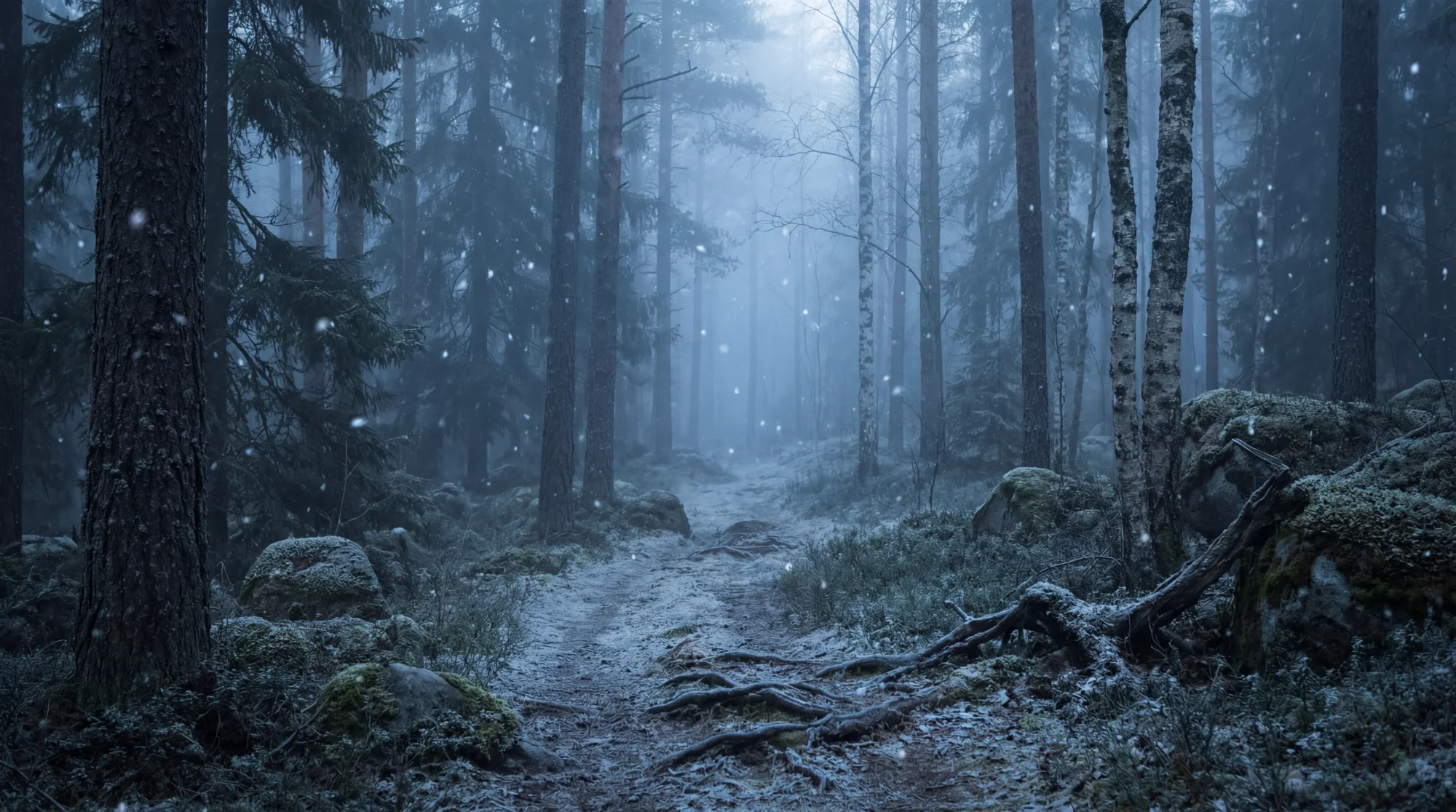 Snöig skogsstig i vintertid